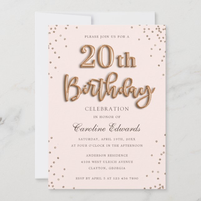 Glitter Rose Foil Balloons 20th Birthday Elegant Invitation (Front)