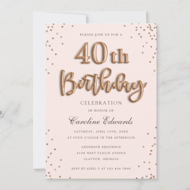 Glitter Rose Foil Balloons 40th Birthday Elegant Invitation (Front)