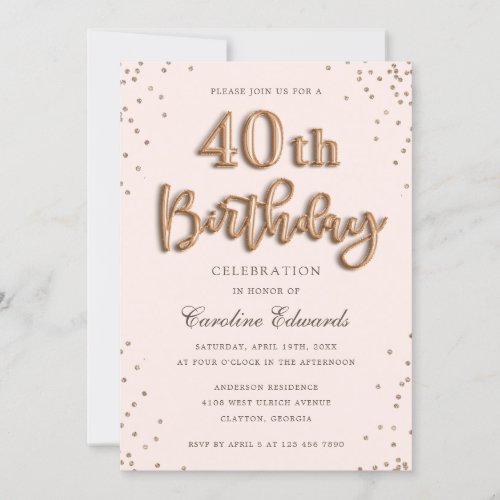 Glitter Rose Foil Balloons 40th Birthday Elegant Invitation