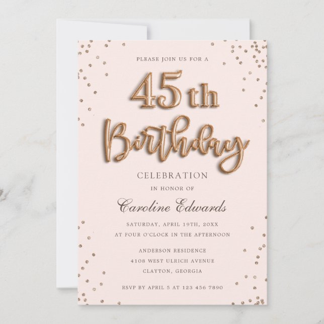 Glitter Rose Foil Balloons 45th Birthday Elegant Invitation (Front)