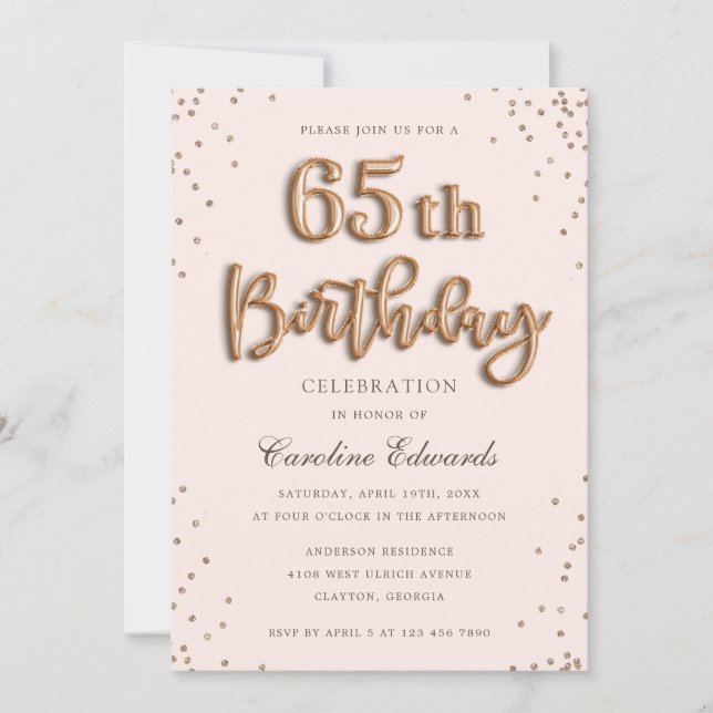 Glitter Rose Foil Balloons 65th Birthday Elegant Invitation (Front)