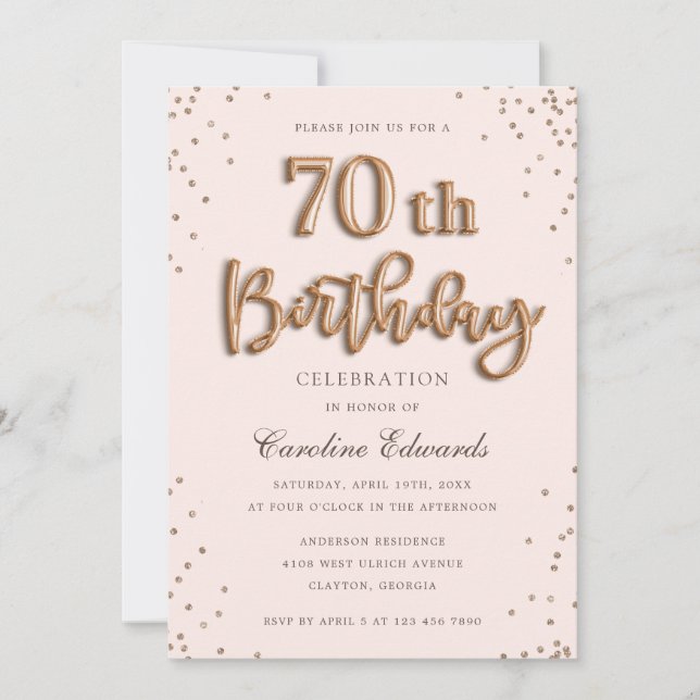 Glitter Rose Foil Balloons 70th Birthday Elegant Invitation (Front)