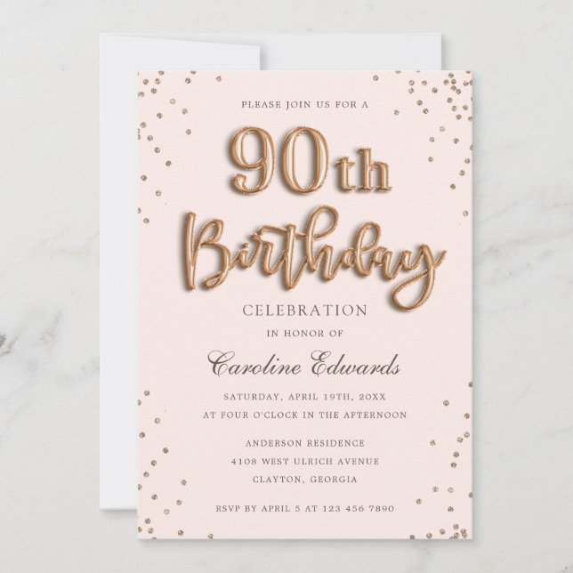 Glitter Rose Foil Balloons 90th Birthday Elegant Invitation (Front)