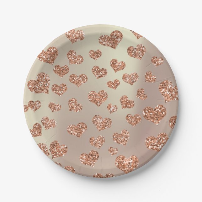 Glitter Rose Foxier Gold Hearts Confetti Copper Paper Plates (Front)