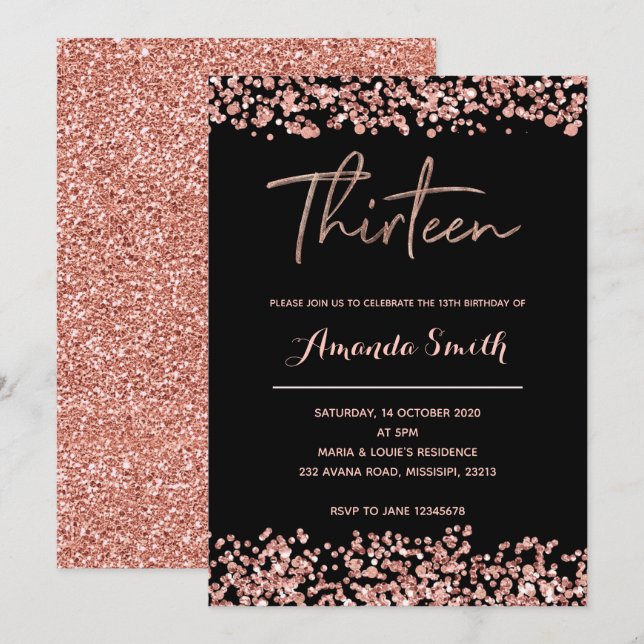 Glitter Rose gold 13th Birthday Invitation black (Front/Back)