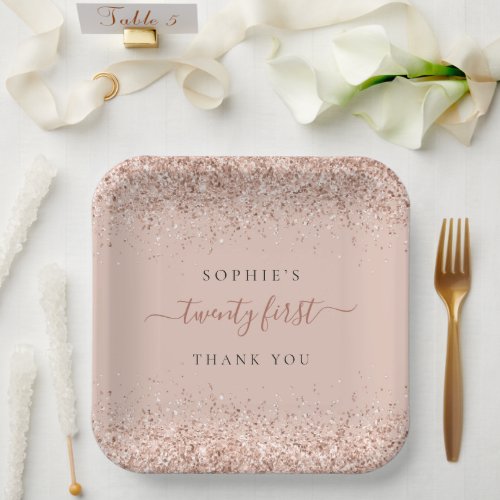 Glitter Rose Gold 21st Birthday Name Thank You Paper Plates