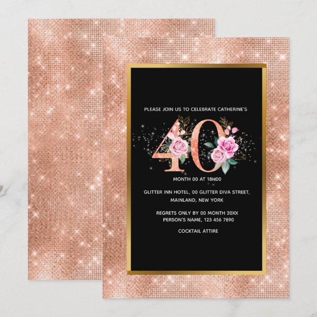 Glitter rose gold 40th birthday confetti party invitation (Front/Back)