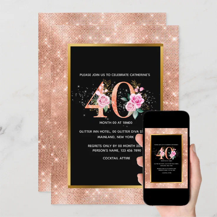 Glitter Rose Gold 40th Birthday Confetti Party Invitation | Zazzle