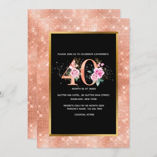 Glitter rose gold 40th birthday confetti party invitation