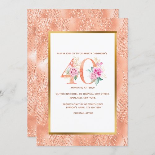 Glitter rose gold 40th birthday confetti tropical invitation