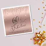 Glitter Rose Gold 60th Birthday Party Napkins<br><div class="desc">Elegant and chic personalized 60th birthday party napkins featuring "60 & Fabulous" written in a stylish script against a rose gold faux foil background,  with rose gold faux glitter dripping from the top. Personalize with her name and date of the party.</div>