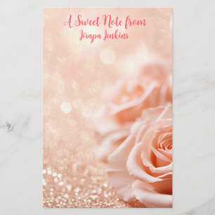 Glitter Rose Gold Background and Rose Gold Roses Stationery
