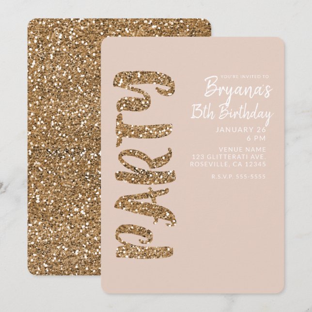 Glitter Rose Gold Blush ANY AGE Birthday Party Invitation (Front/Back)