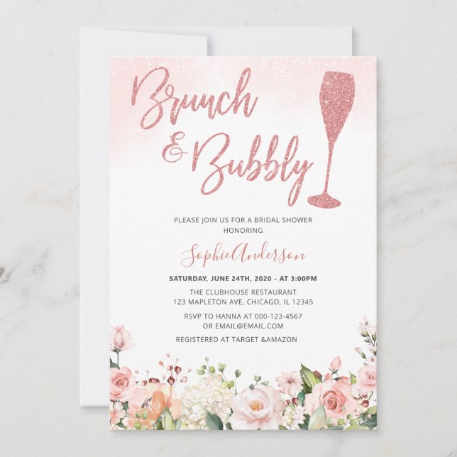 Glitter Rose Gold Brunch And Bubbly Bridal Shower Invitation (Front)