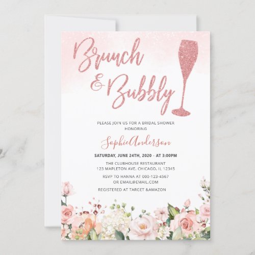 Glitter Rose Gold Brunch And Bubbly Bridal Shower Invitation