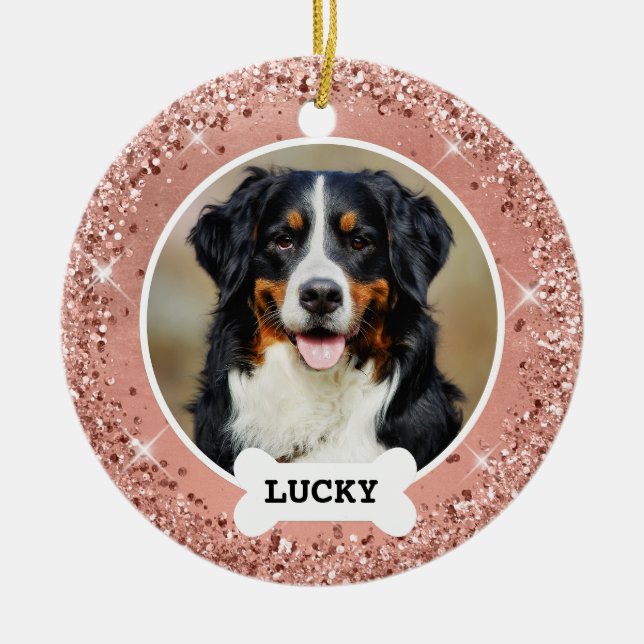 Glitter Rose Gold Brushed Metal Rose Gold Photo Ceramic Ornament (Front)