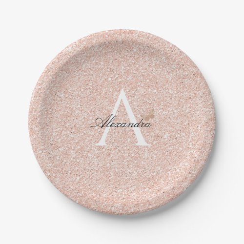 Glitter Rose Gold Butterfly Monogram Paper Plates