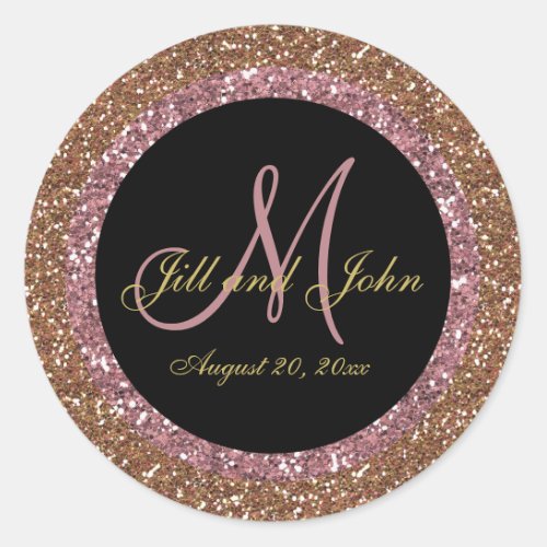 Glitter Rose Gold Champagne Wedding Monogram Classic Round Sticker