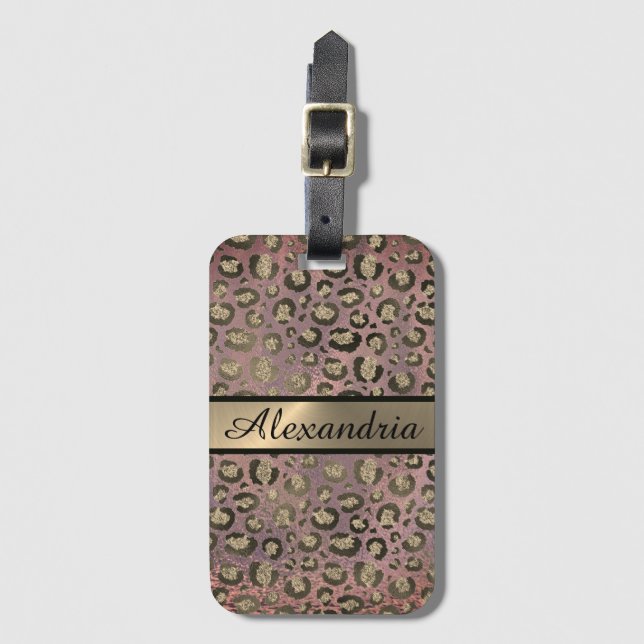 Glitter Rose Gold Chic Leopard Personalized  Luggage Tag (Front Vertical)