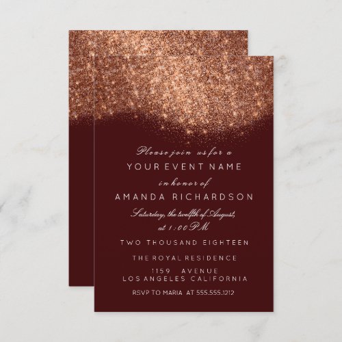 Glitter Rose Gold Copper Burgundy White Elegant Invitation