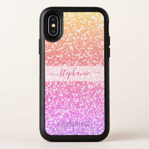 Glitter Rose Gold Coral Pink Script Name OtterBox Symmetry iPhone XS Case