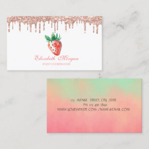 Glitter Rose Gold Drips Strawberry Business Card