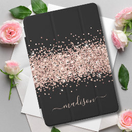 Glitter Rose Gold - Girly Sparkle Black Monogram iPad Mini Cover