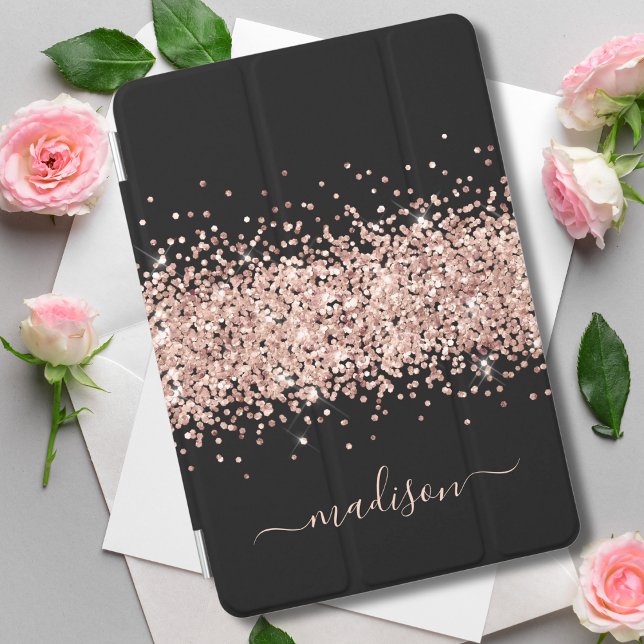Glitter Rose Gold - Girly Sparkle Black Monogram iPad Mini Cover (Creator Uploaded)