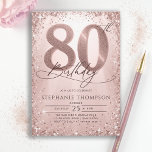 Glitter Rose Gold Glam Calligraphy 80th Birthday Invitation<br><div class="desc">Celebrate in style with this glamorous 80th birthday invitation, perfect for a milestone birthday party. Featuring a metallic rose gold background with a spotlight effect on the glittering number 80, this invite shines with glitter and metallic confetti accents that create an elegant, festive frame. Ideal for sophisticated birthday parties, luxury...</div>