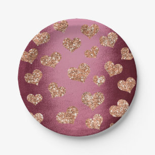Glitter Rose Gold Hearts Confetti Burgundy Copper Paper Plates