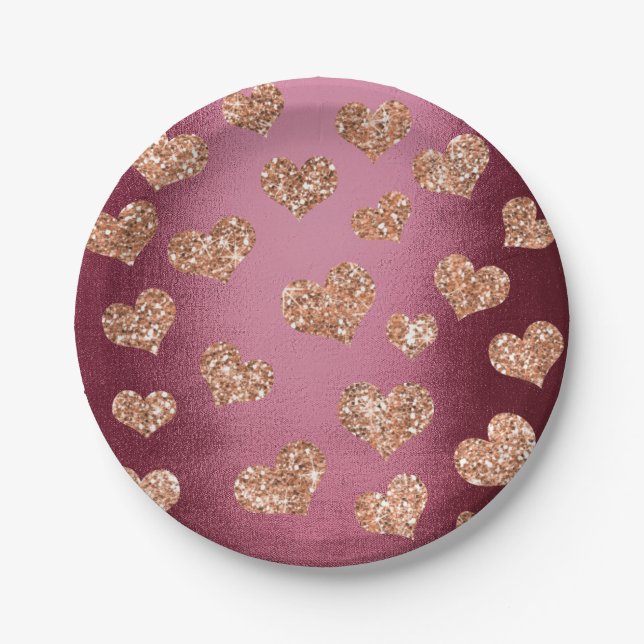 Glitter Rose Gold Hearts Confetti Burgundy Copper Paper Plates (Front)