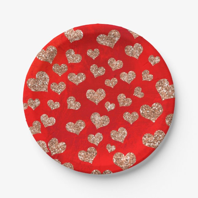 Glitter Rose Gold Hearts Confetti Red Vivid Copper Paper Plates (Front)