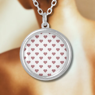 Glitter Rose Gold Hearts White Background Silver Plated Necklace