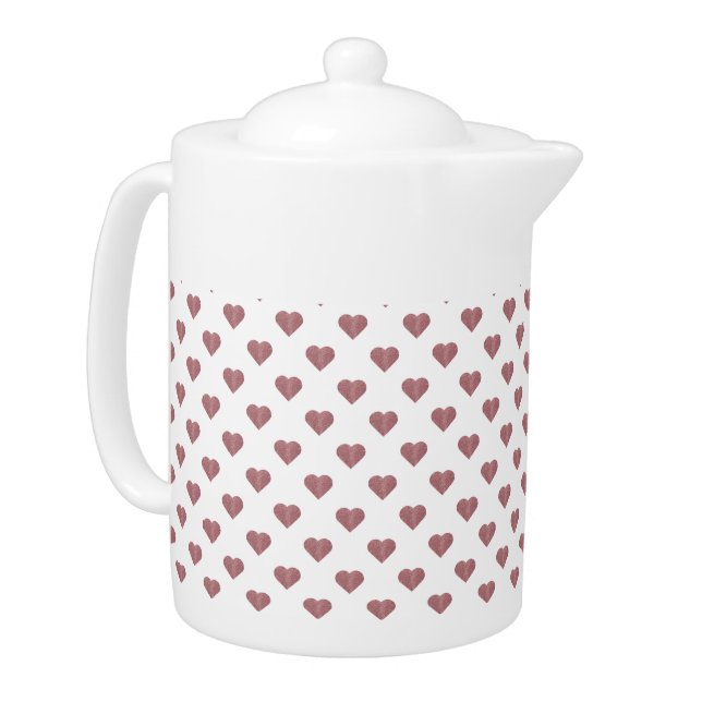 Glitter Rose Gold Hearts White Background Teapot (Left)
