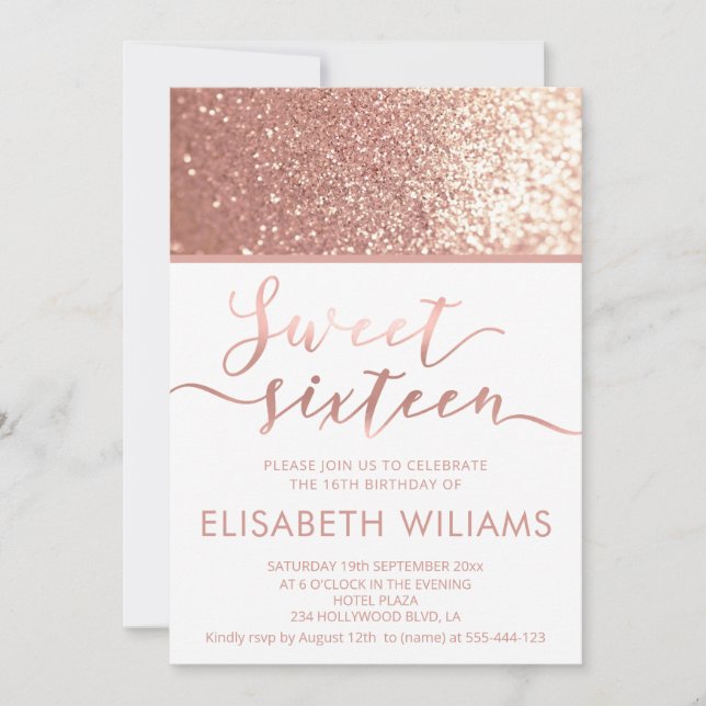 Glitter rose gold minimalist chic calligraphy  invitation (Front)