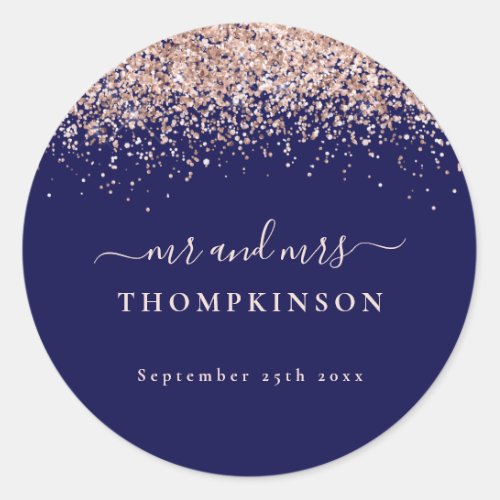 Glitter Rose Gold Mr Mrs Name Wedding Navy Blush  Classic Round Sticker