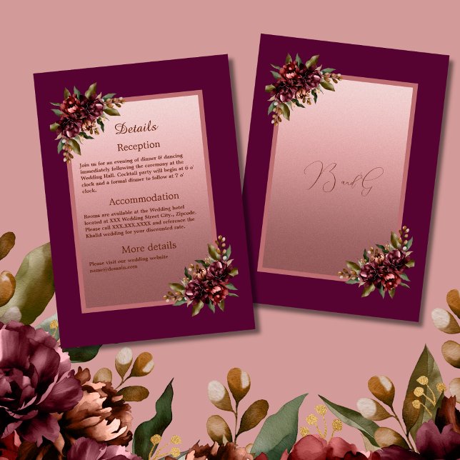 glitter Rose Gold Script - Burgundy floral wedding Enclosure Card (Creator Uploaded)