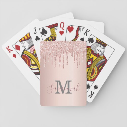 Glitter rose gold sparkle pink monogram script poker cards