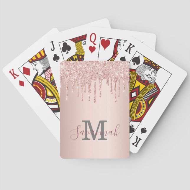 Glitter rose gold sparkle pink monogram script poker cards (Back)