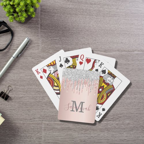 Glitter rose gold sparkle pink monogram silver poker cards