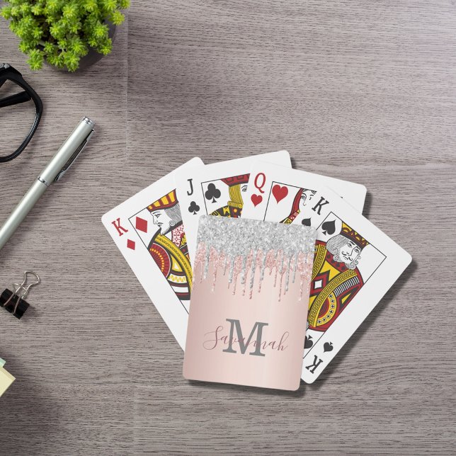 Glitter rose gold sparkle pink monogram silver poker cards (Creator Uploaded)