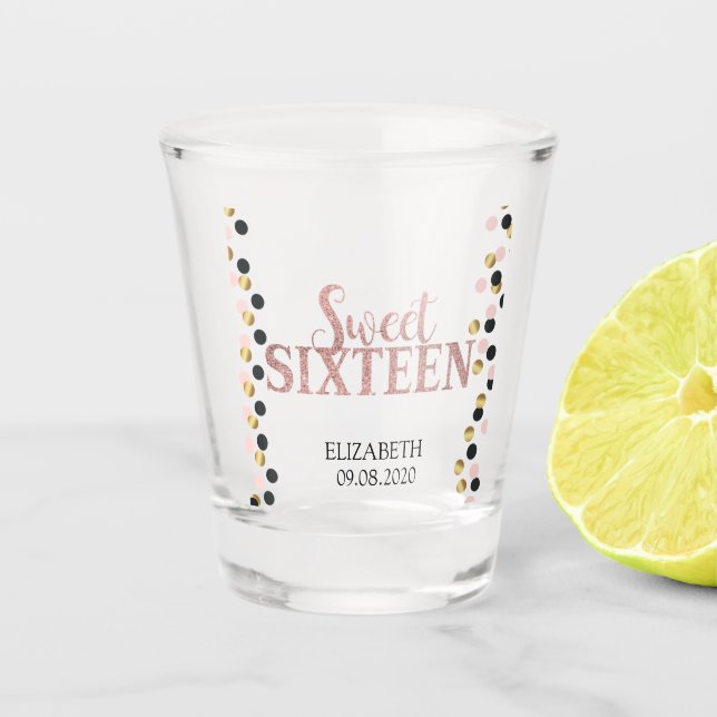 Glitter Rose Gold Sweet 16 Dots Shot Glass (Front)
