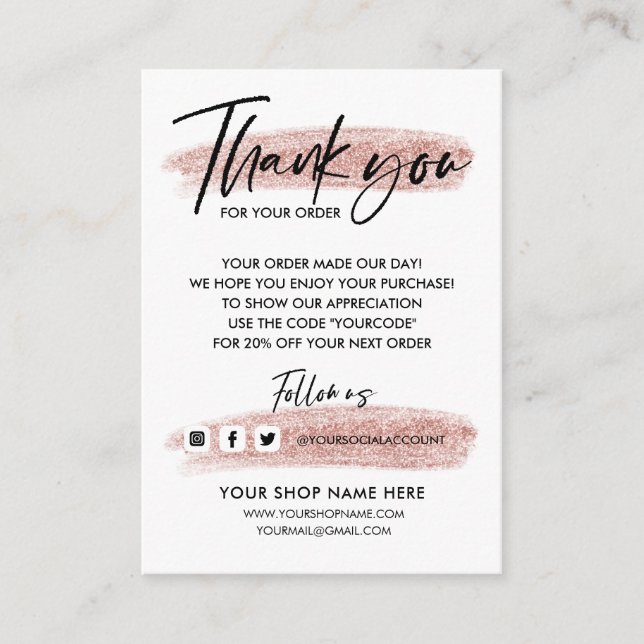 Glitter Rose Gold THANK YOU HAND LETTERED AND LOGO Enclosure Card (Front)