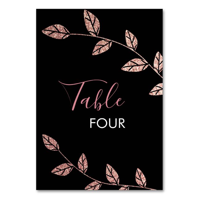 Glitter Rose Gold Twine Glam Black Table Number (Front)