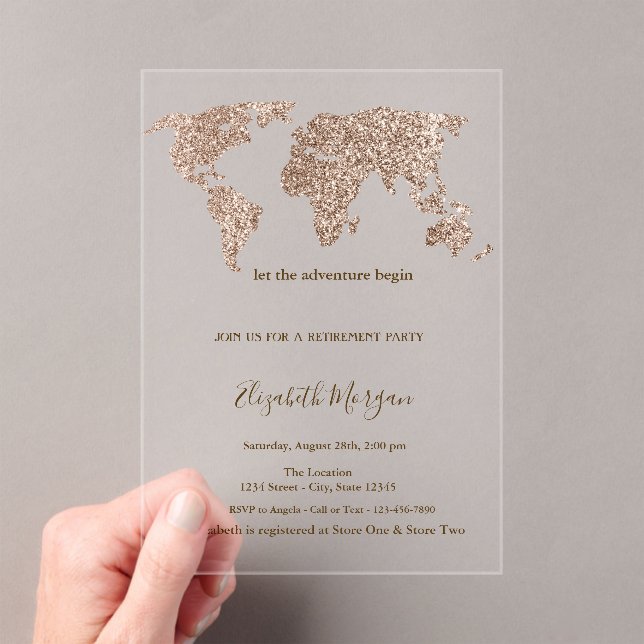 Glitter Rose Gold World Map Retirement Acrylic Invitations (Insitu (Handheld))