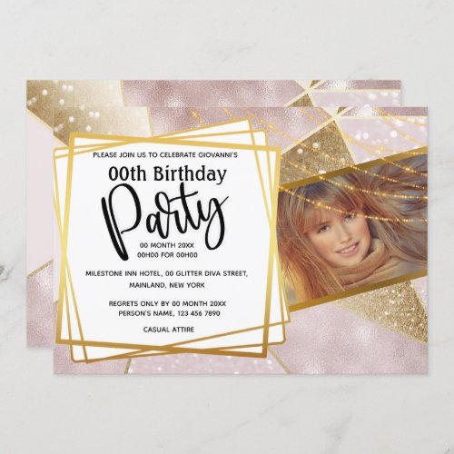 Glitter rose pink gold AGE photo birthday party Invitation