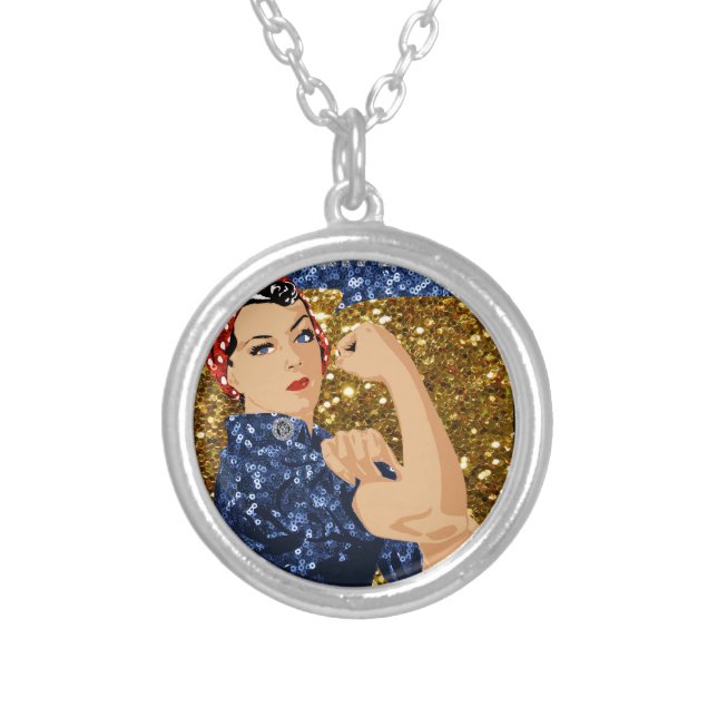 glitter rosie the riveter silver plated necklace (Front)