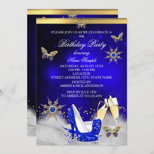 Glitter Royal Blue Butterfly Heels Gold Champagne Invitation