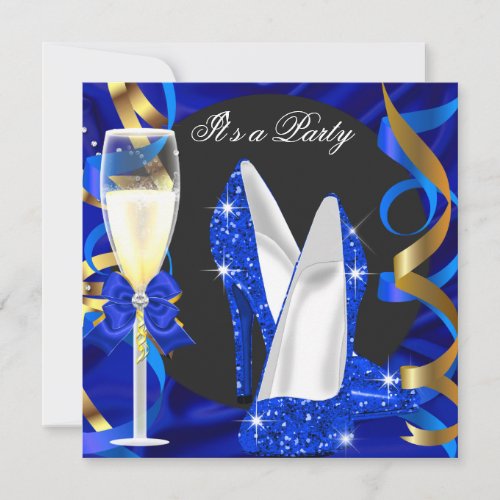 Glitter Royal Blue Gold Shoes Champagne Party 3 Invitation