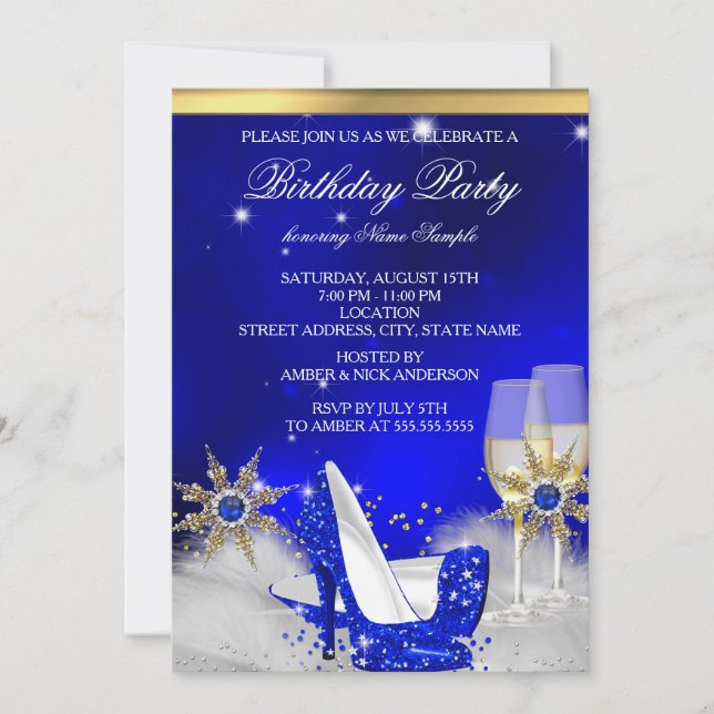 Glitter Royal Blue High Heel Shoes Gold Champagne Invitation (Front)